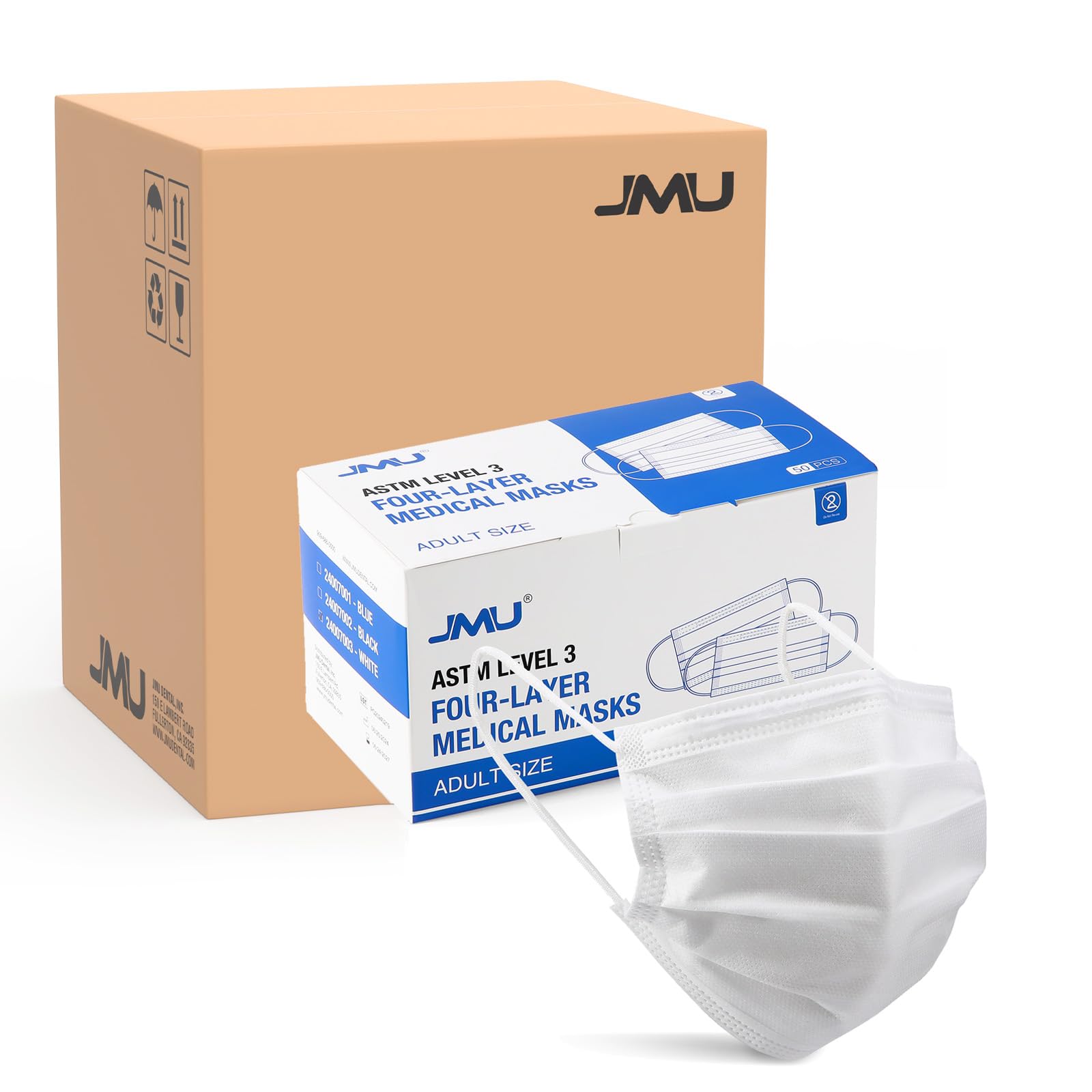 JMU Level 3 Disposable Face Mask 4-Ply for Adult, Medical Grade, ≥98% Filtration, Breathable & Comfortable, 50 Pack