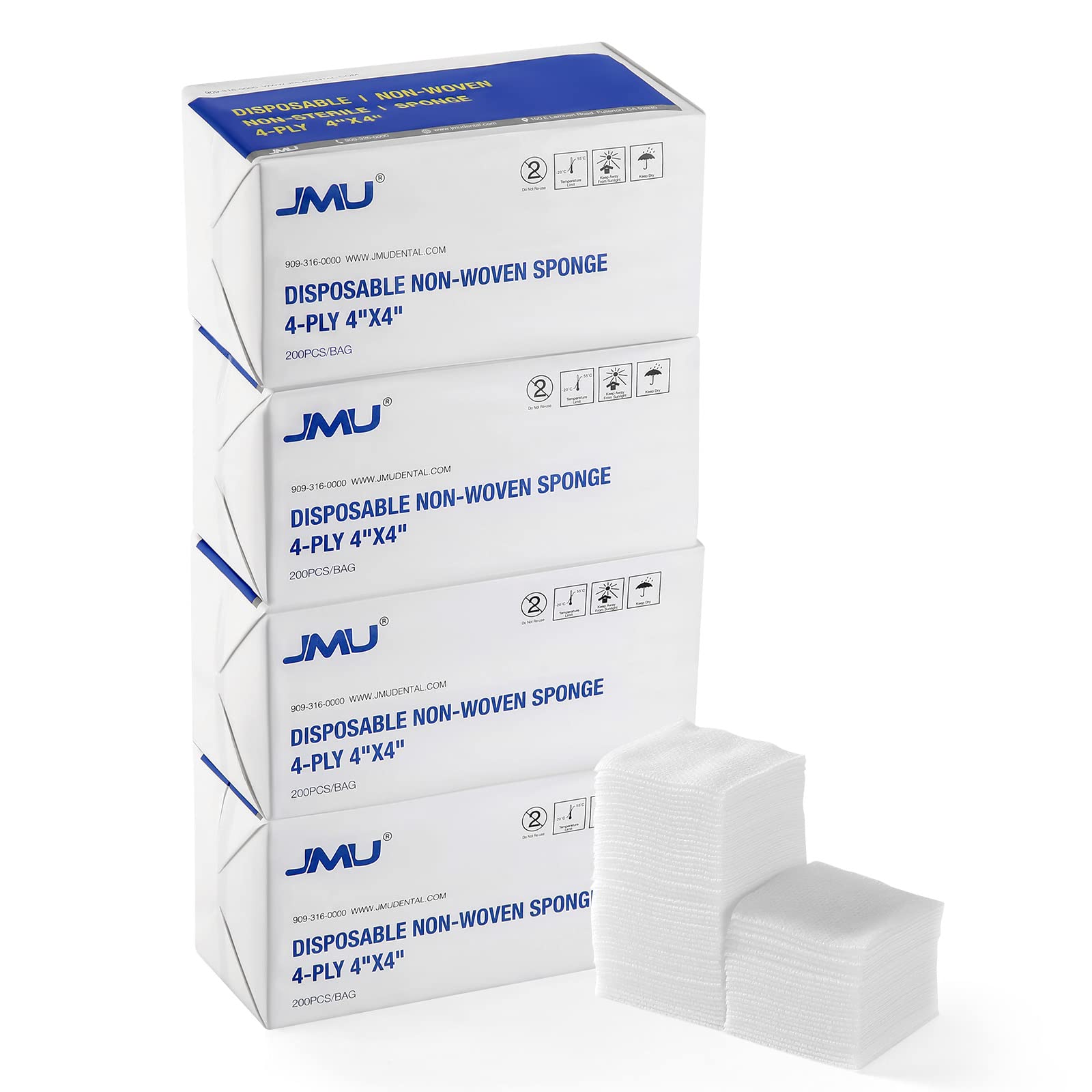 JMU 1000 Gauze Pads 2x2, Sponge Non-Woven 4-Ply Non-Sterile Dental Pads All Purpose Gauze