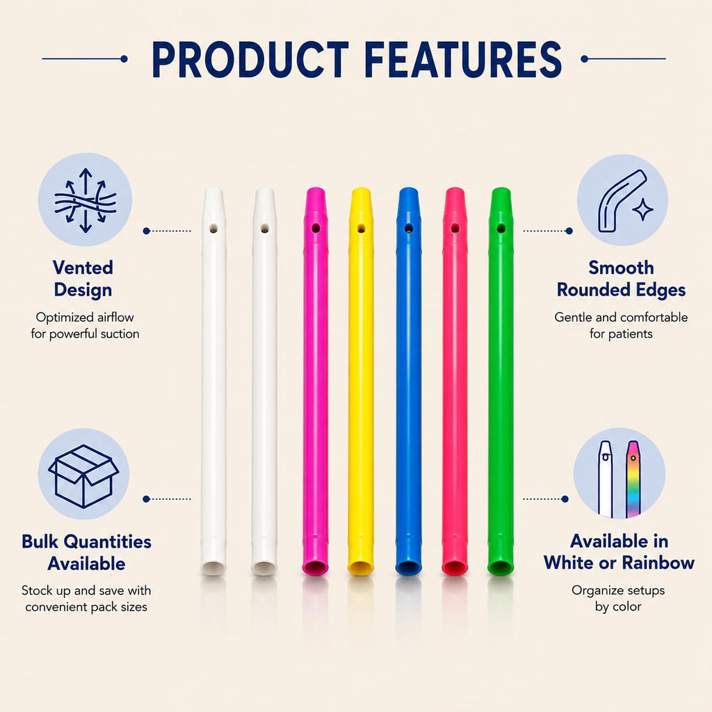 High Volume Evacuator HVE Tips - 100 HVE Suction Tips Dental Disposable - Vented Evacuation Aspirator Tips with Smooth Edges (White - 100 Pack) by PlastCare USA