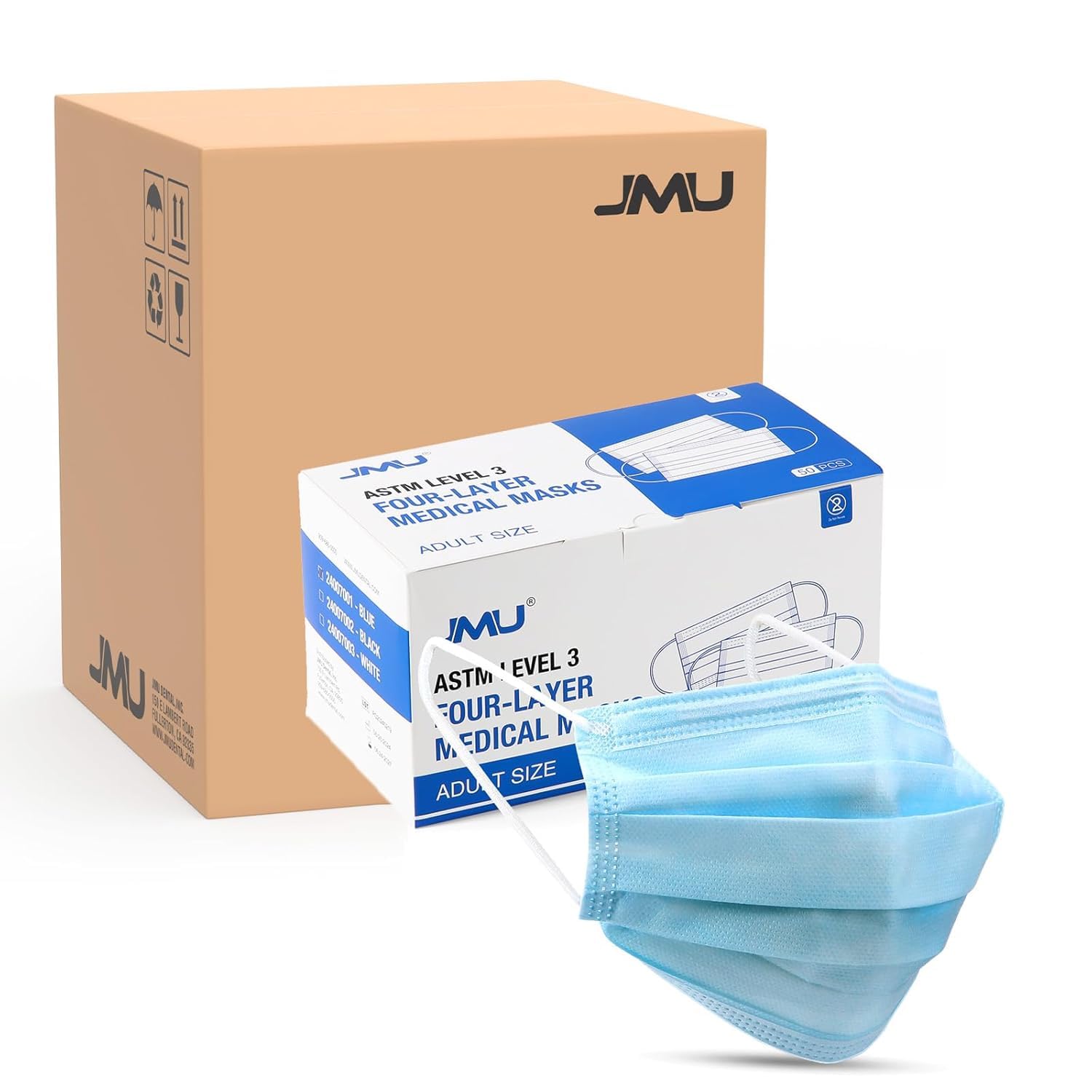 JMU Level 3 Disposable Face Mask 4-Ply for Adult, Medical Grade, ≥98% Filtration, Breathable & Comfortable, 50 Pack