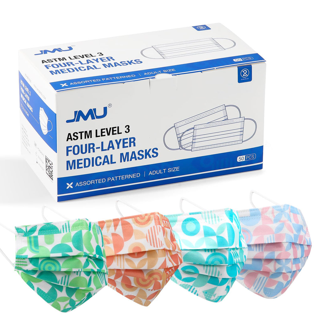 JMU Level 3 Disposable Face Mask 4-Ply for Adult, Medical Grade, ≥98% Filtration, Breathable & Comfortable, 50 Pack