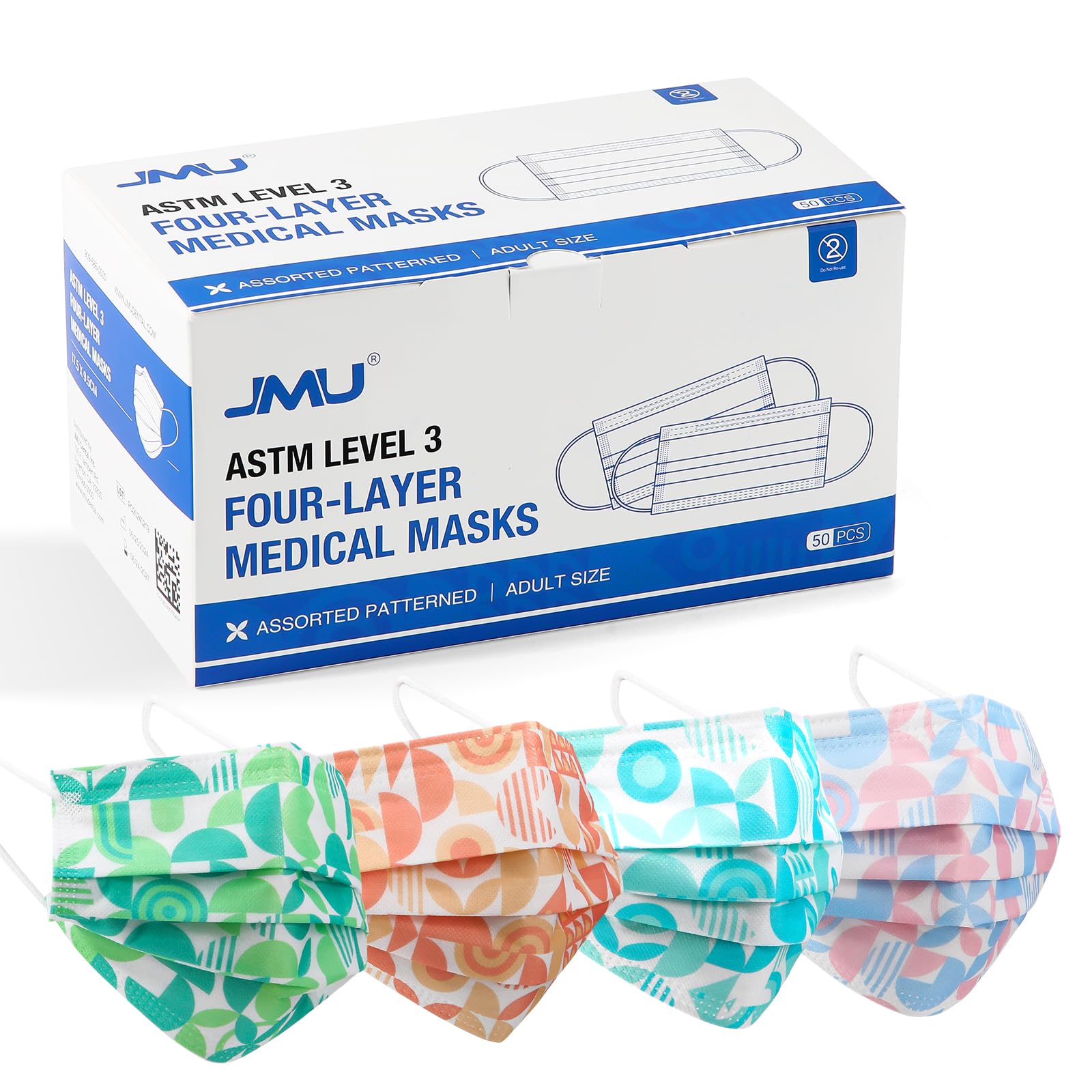 JMU Level 3 Disposable Face Mask 4-Ply for Adult, Medical Grade, ≥98% Filtration, Breathable & Comfortable, 50 Pack