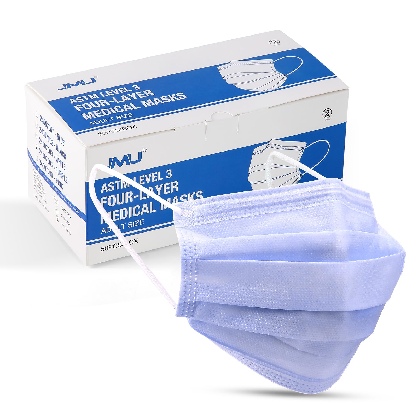 JMU Level 3 Disposable Face Mask 4-Ply for Adult, Medical Grade, ≥98% Filtration, Breathable & Comfortable, 50 Pack