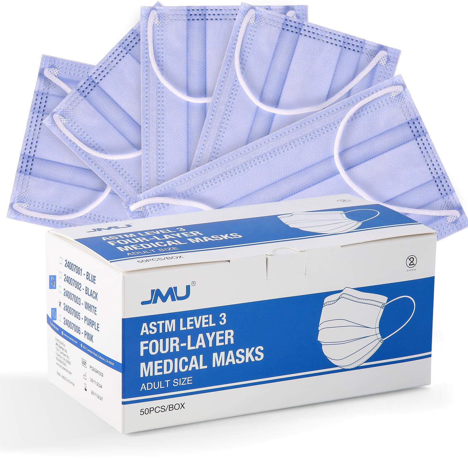 JMU Level 3 Disposable Face Mask 4-Ply for Adult, Medical Grade, ≥98% Filtration, Breathable & Comfortable, 50 Pack