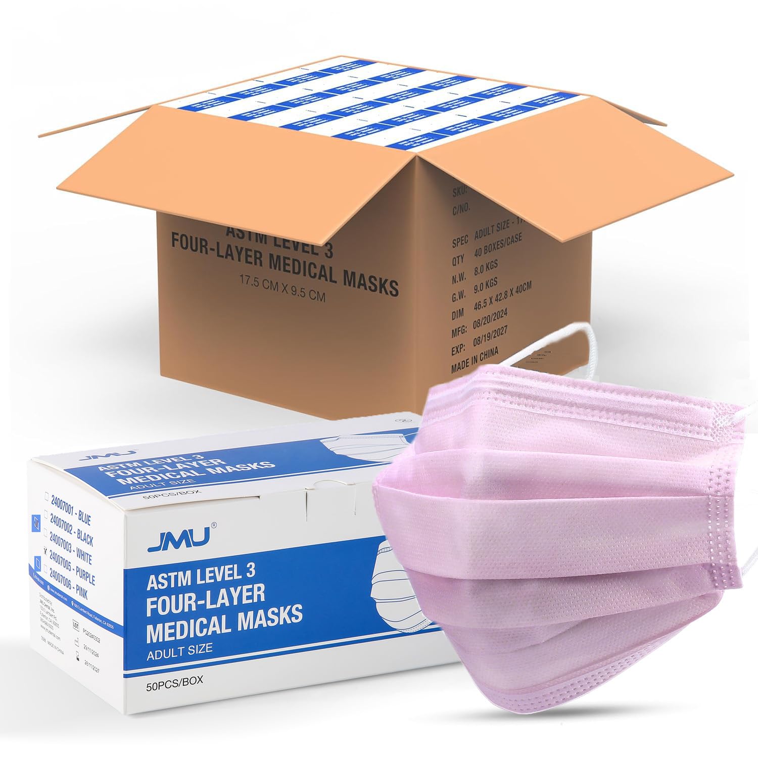 JMU Level 3 Disposable Face Mask 4-Ply for Adult, Medical Grade, ≥98% Filtration, Breathable & Comfortable, 50 Pack