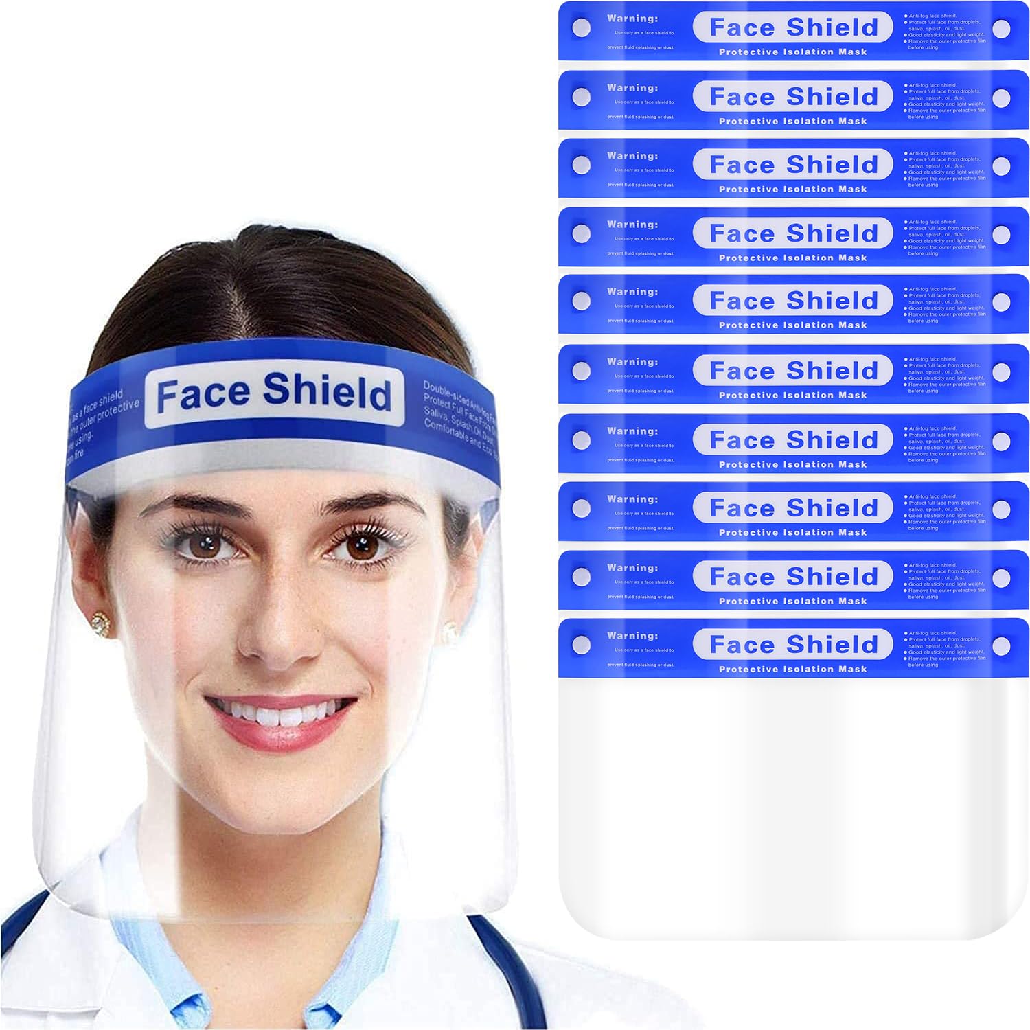 10 Pcs Face Shield Mask, Anti-Fog Clear Full Face Protection Shield, Reusable Plastic PPE Face Protection with Elastic Headband for Dental, Work & Daily Use