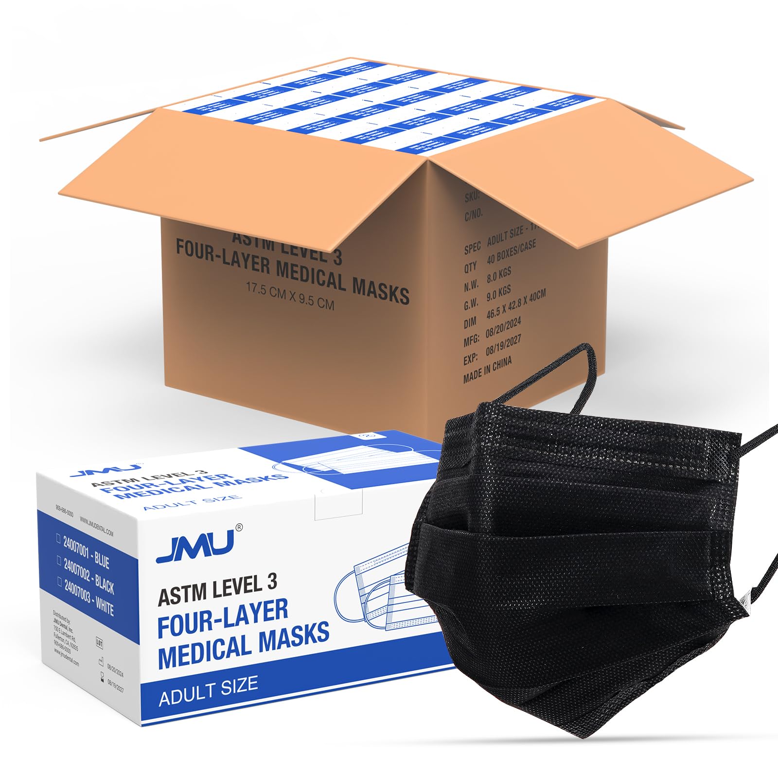 JMU Level 3 Disposable Face Mask 4-Ply for Adult, Medical Grade, ≥98% Filtration, Breathable & Comfortable, 50 Pack