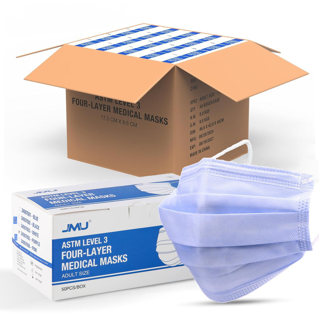 JMU Level 3 Disposable Face Mask 4-Ply for Adult, Medical Grade, ≥98% Filtration, Breathable & Comfortable, 50 Pack