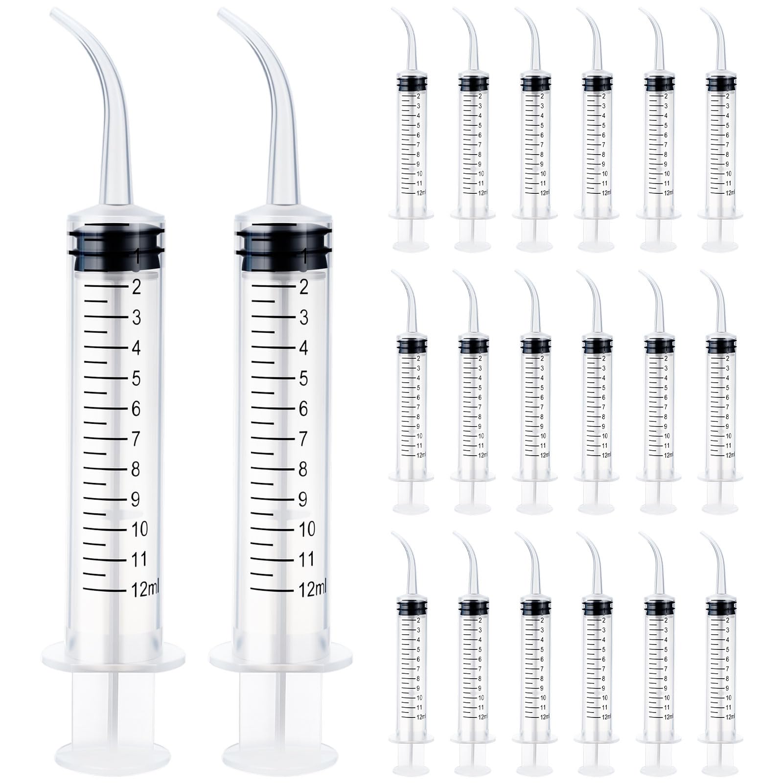 20 Pcs Plastic Syringes with Curved Tip, 12cc Disposable Dental Irrigation Syringe, 12ml Mouthwash Cleaner Syringes for Oral Care Pet Feeding Liquid Measurement