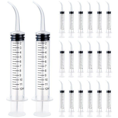 20 Pcs Plastic Syringes with Curved Tip, 12cc Disposable Dental Irrigation Syringe, 12ml Mouthwash Cleaner Syringes for Oral Care Pet Feeding Liquid Measurement