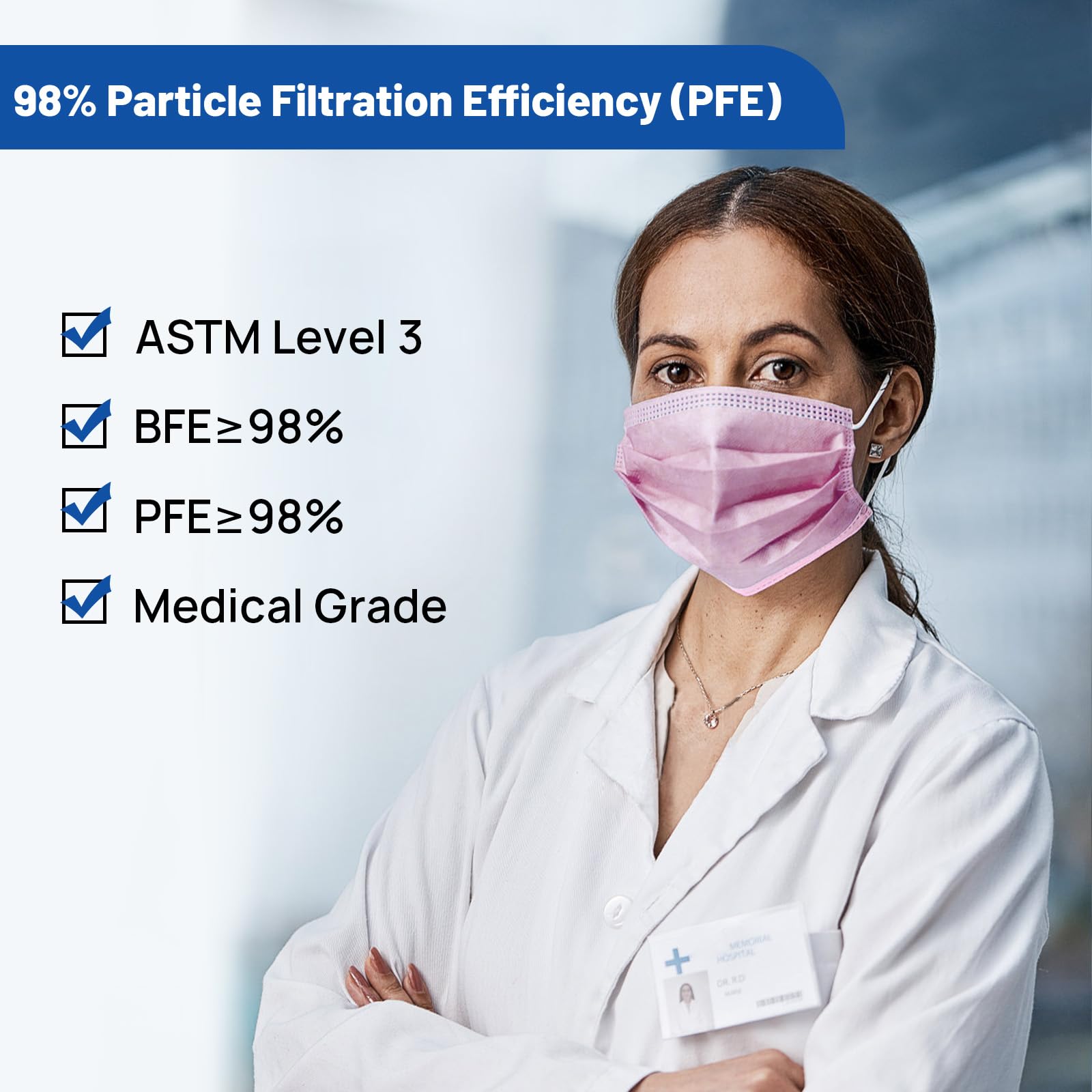 JMU Level 3 Disposable Face Mask 4-Ply for Adult, Medical Grade, ≥98% Filtration, Breathable & Comfortable, 50 Pack