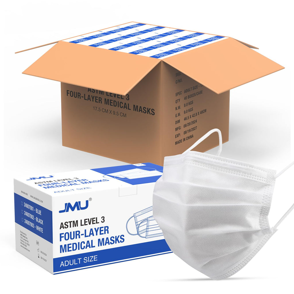 JMU Level 3 Disposable Face Mask 4-Ply for Adult, Medical Grade, ≥98% Filtration, Breathable & Comfortable, 50 Pack