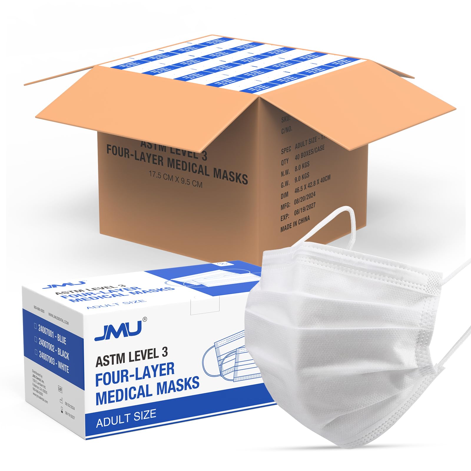 JMU Level 3 Disposable Face Mask 4-Ply for Adult, Medical Grade, ≥98% Filtration, Breathable & Comfortable, 50 Pack