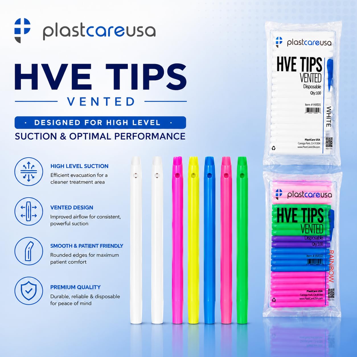 High Volume Evacuator HVE Tips - 100 HVE Suction Tips Dental Disposable - Vented Evacuation Aspirator Tips with Smooth Edges (White - 100 Pack) by PlastCare USA