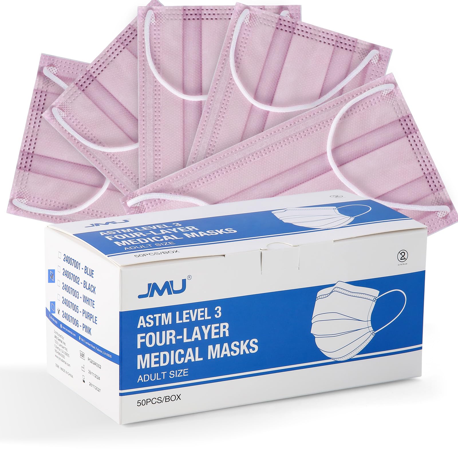 JMU Level 3 Disposable Face Mask 4-Ply for Adult, Medical Grade, ≥98% Filtration, Breathable & Comfortable, 50 Pack