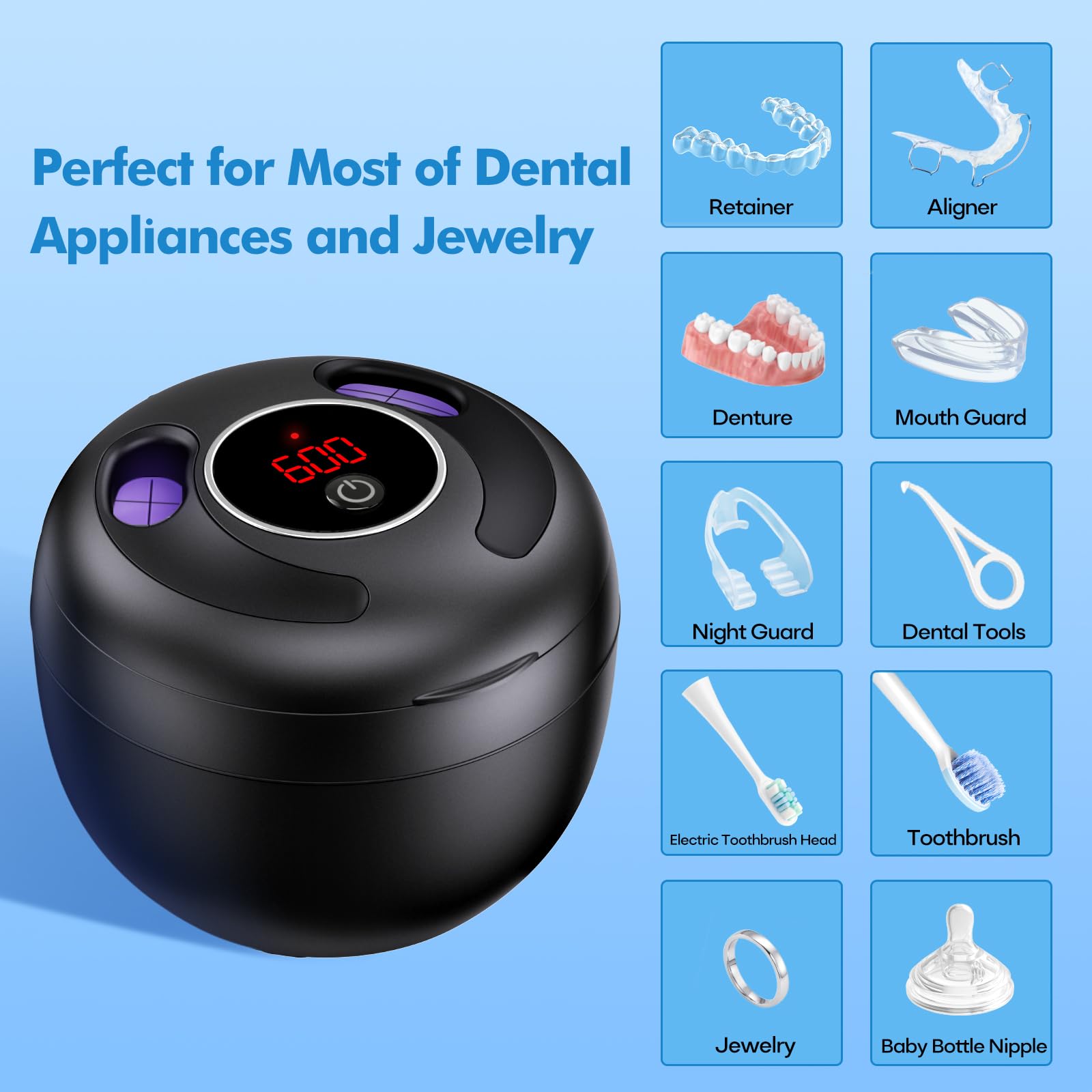 Upgraded Ultrasonic Retainer Cleaner Machine, 45kHz Ultrasonic Dentures Cleaner for Night Guards, Braces, Aligner, Toothbrush, Jewelry and More, 200ML Capacity, White