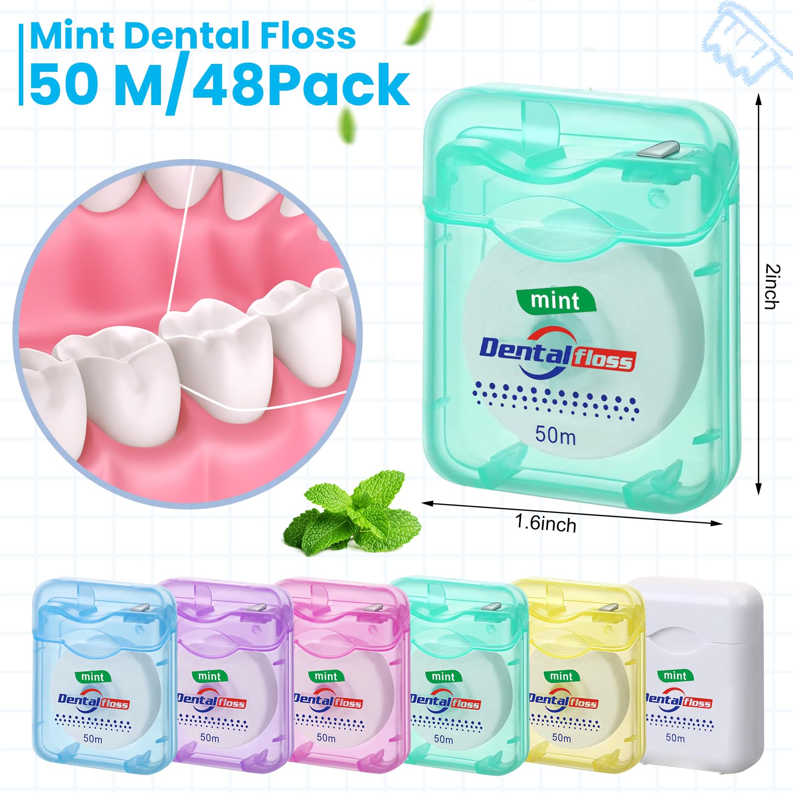 Geiserailie 72 Pack Dental Floss Bulk Mint Flavored 50m Each Travel Dental Floss Waxed Oral Care for Teeth Protection(Multicolor)