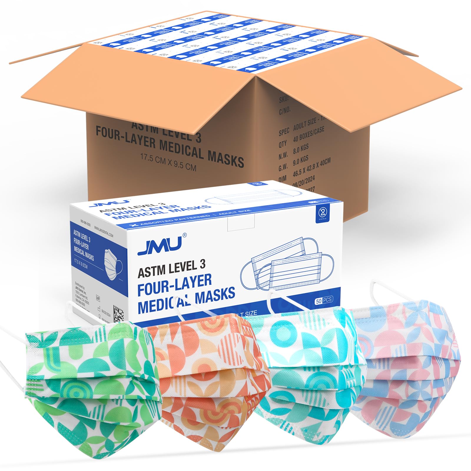 JMU Level 3 Disposable Face Mask 4-Ply for Adult, Medical Grade, ≥98% Filtration, Breathable & Comfortable, 50 Pack