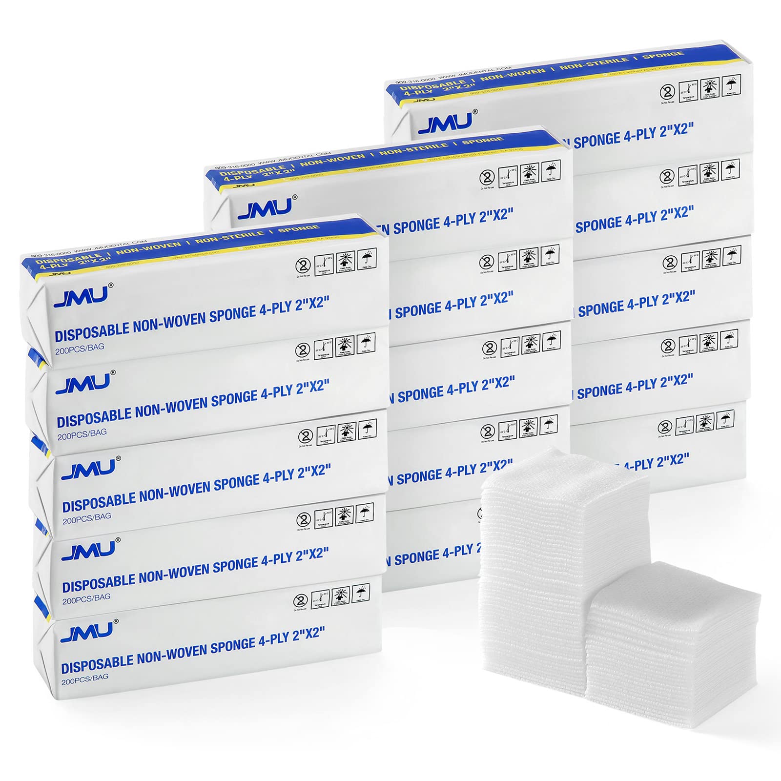 JMU 1000 Gauze Pads 2x2, Sponge Non-Woven 4-Ply Non-Sterile Dental Pads All Purpose Gauze