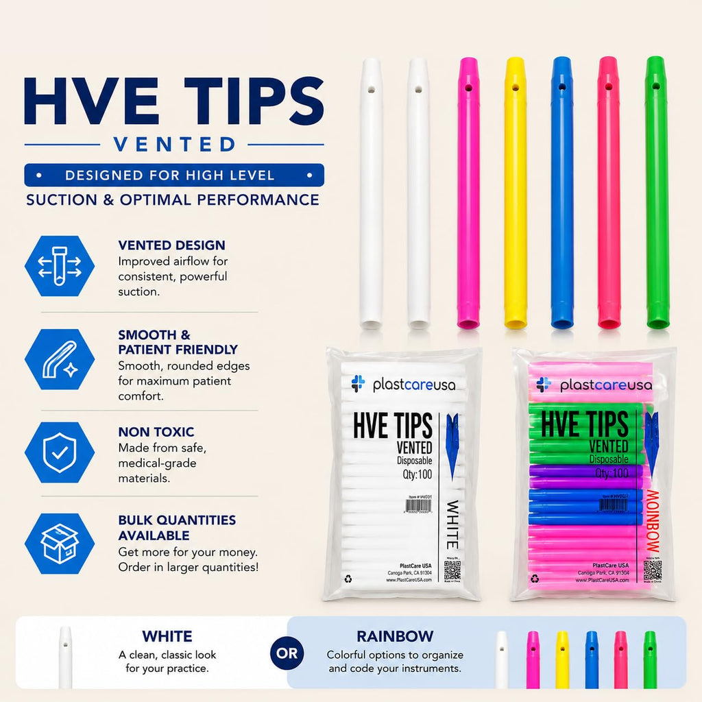 High Volume Evacuator HVE Tips - 100 HVE Suction Tips Dental Disposable - Vented Evacuation Aspirator Tips with Smooth Edges (White - 100 Pack) by PlastCare USA