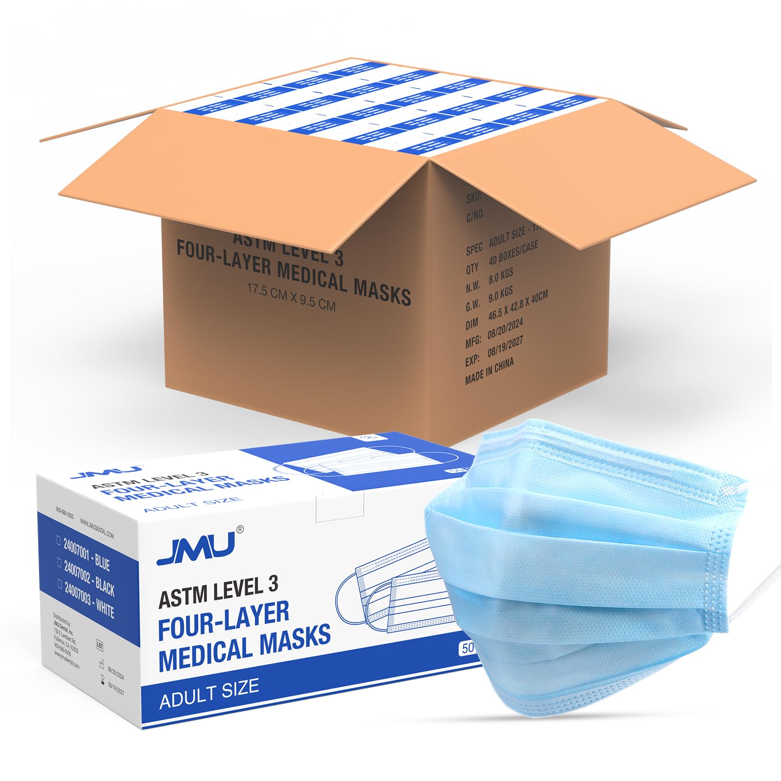 JMU Level 3 Disposable Face Mask 4-Ply for Adult, Medical Grade, ≥98% Filtration, Breathable & Comfortable, 50 Pack