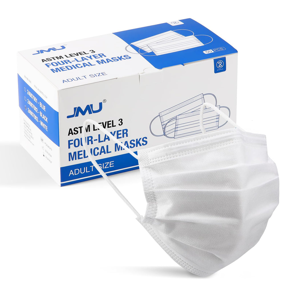 JMU Level 3 Disposable Face Mask 4-Ply for Adult, Medical Grade, ≥98% Filtration, Breathable & Comfortable, 50 Pack