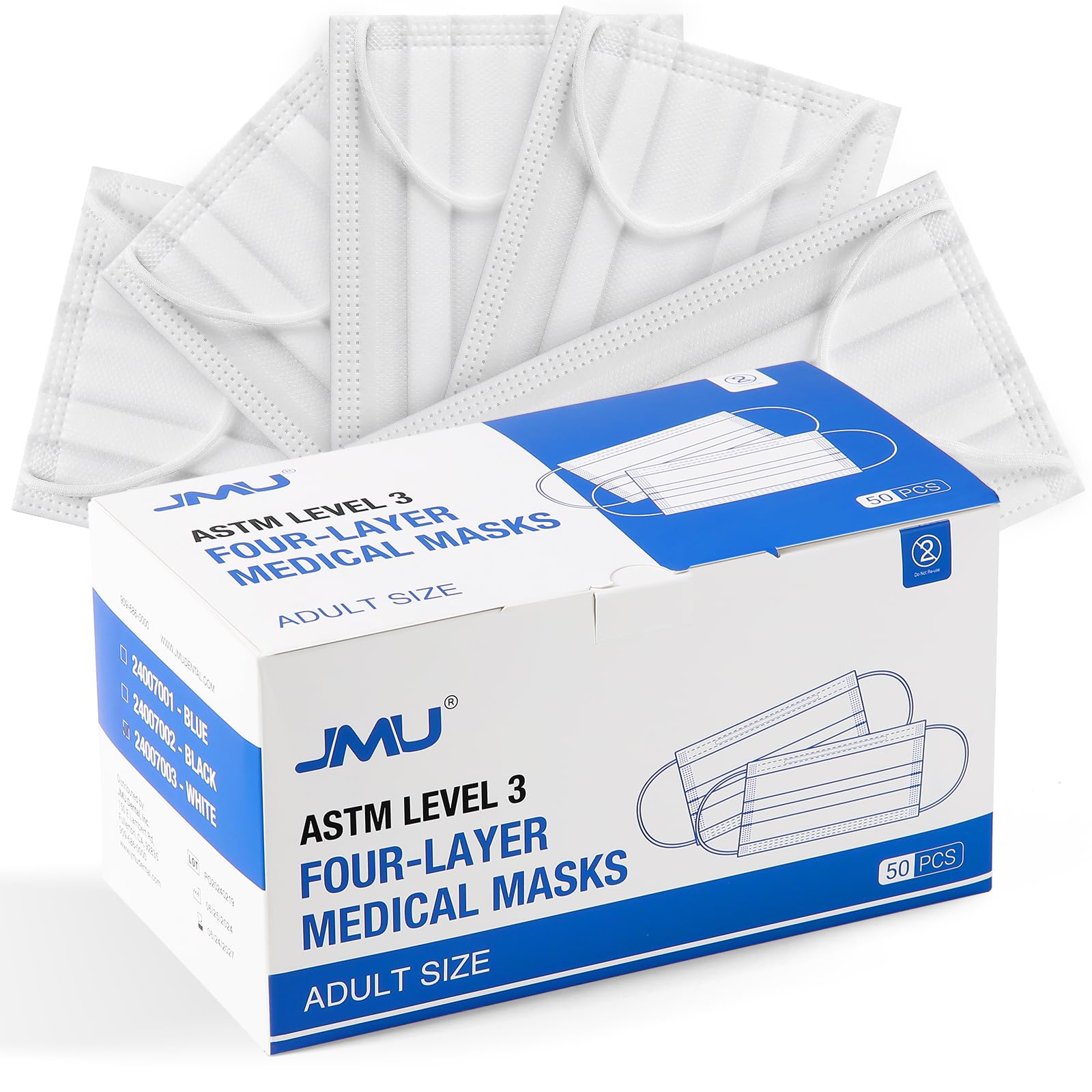 JMU Level 3 Disposable Face Mask 4-Ply for Adult, Medical Grade, ≥98% Filtration, Breathable & Comfortable, 50 Pack
