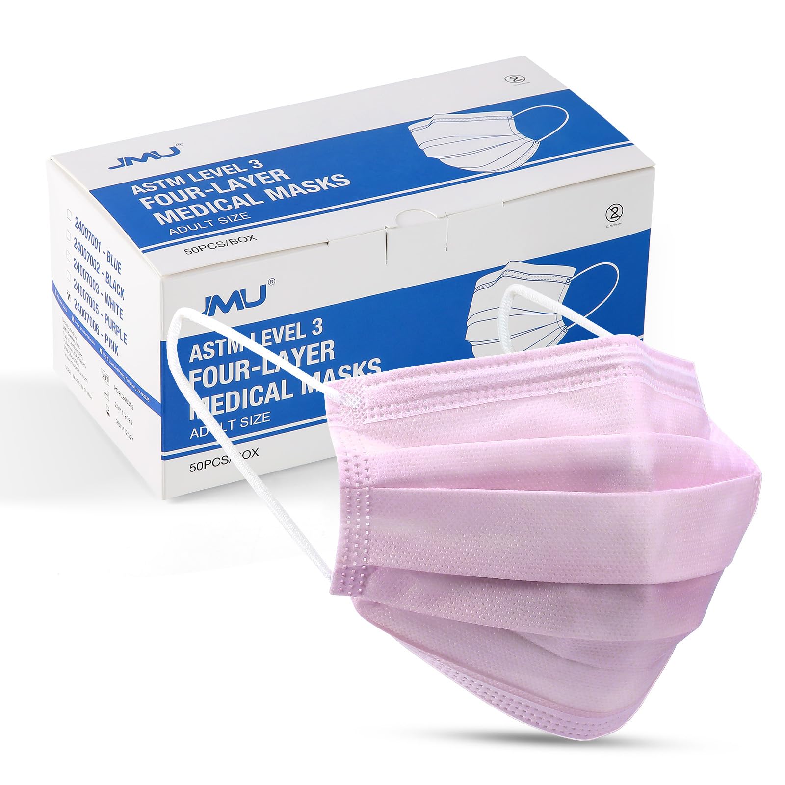 JMU Level 3 Disposable Face Mask 4-Ply for Adult, Medical Grade, ≥98% Filtration, Breathable & Comfortable, 50 Pack