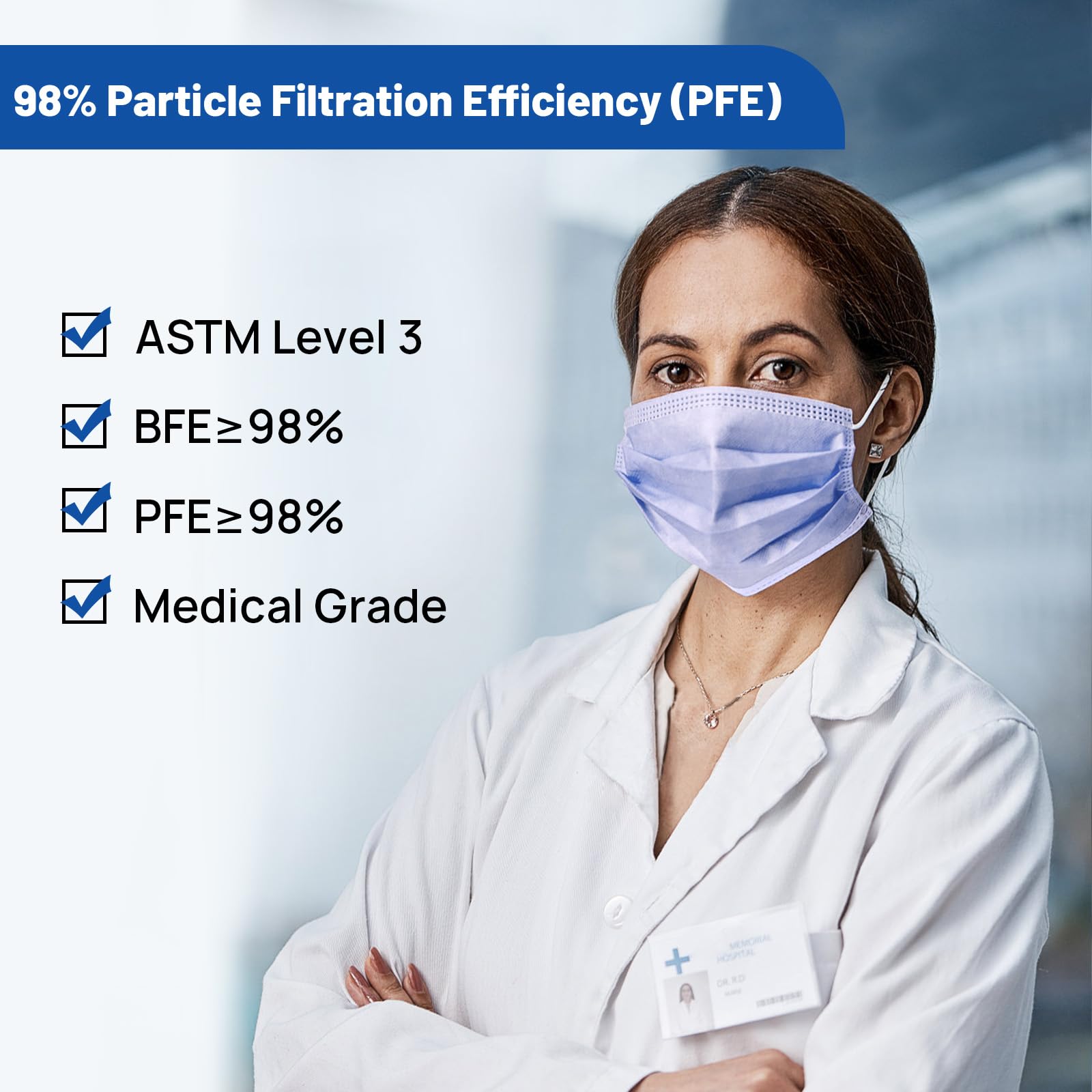 JMU Level 3 Disposable Face Mask 4-Ply for Adult, Medical Grade, ≥98% Filtration, Breathable & Comfortable, 50 Pack