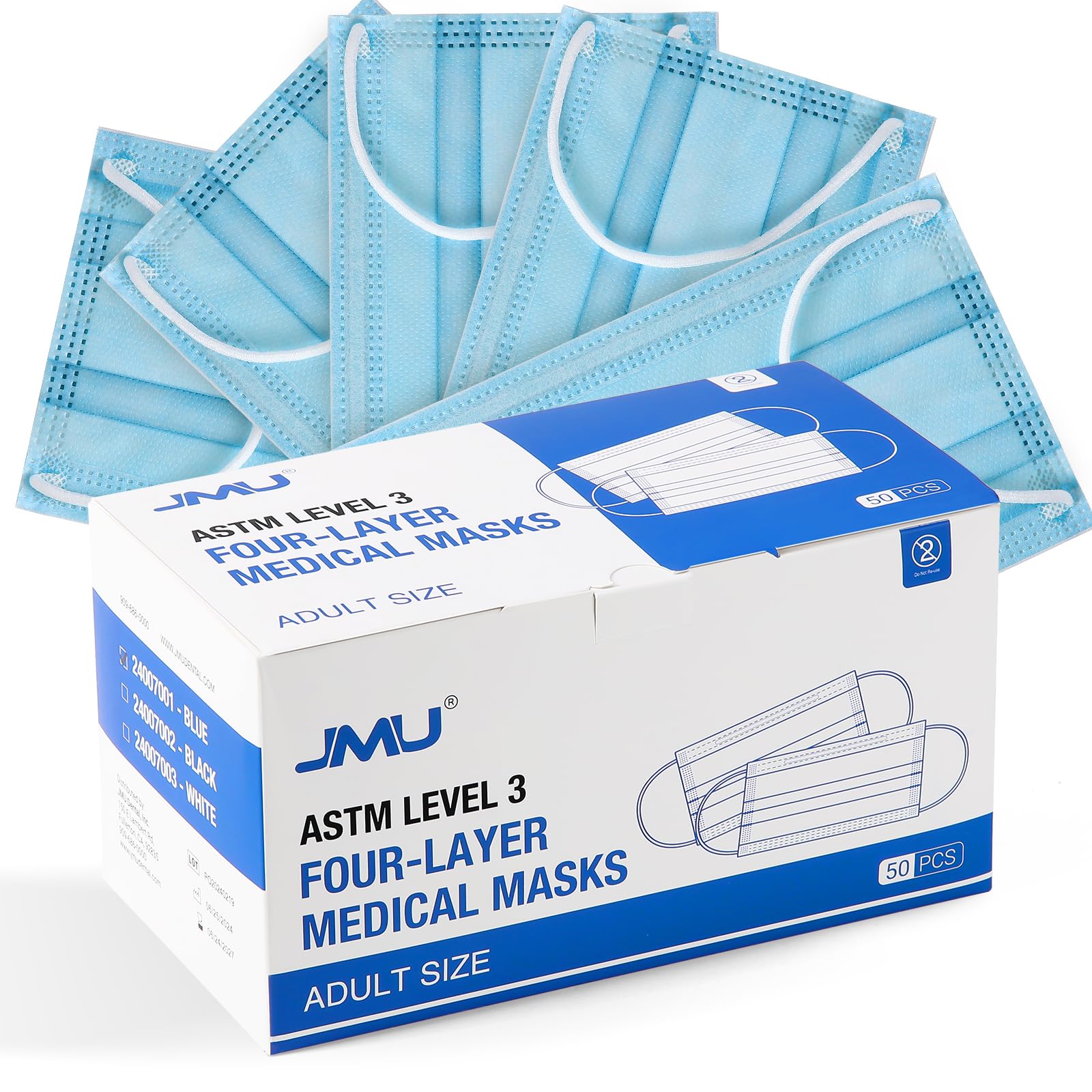 JMU Level 3 Disposable Face Mask 4-Ply for Adult, Medical Grade, ≥98% Filtration, Breathable & Comfortable, 50 Pack