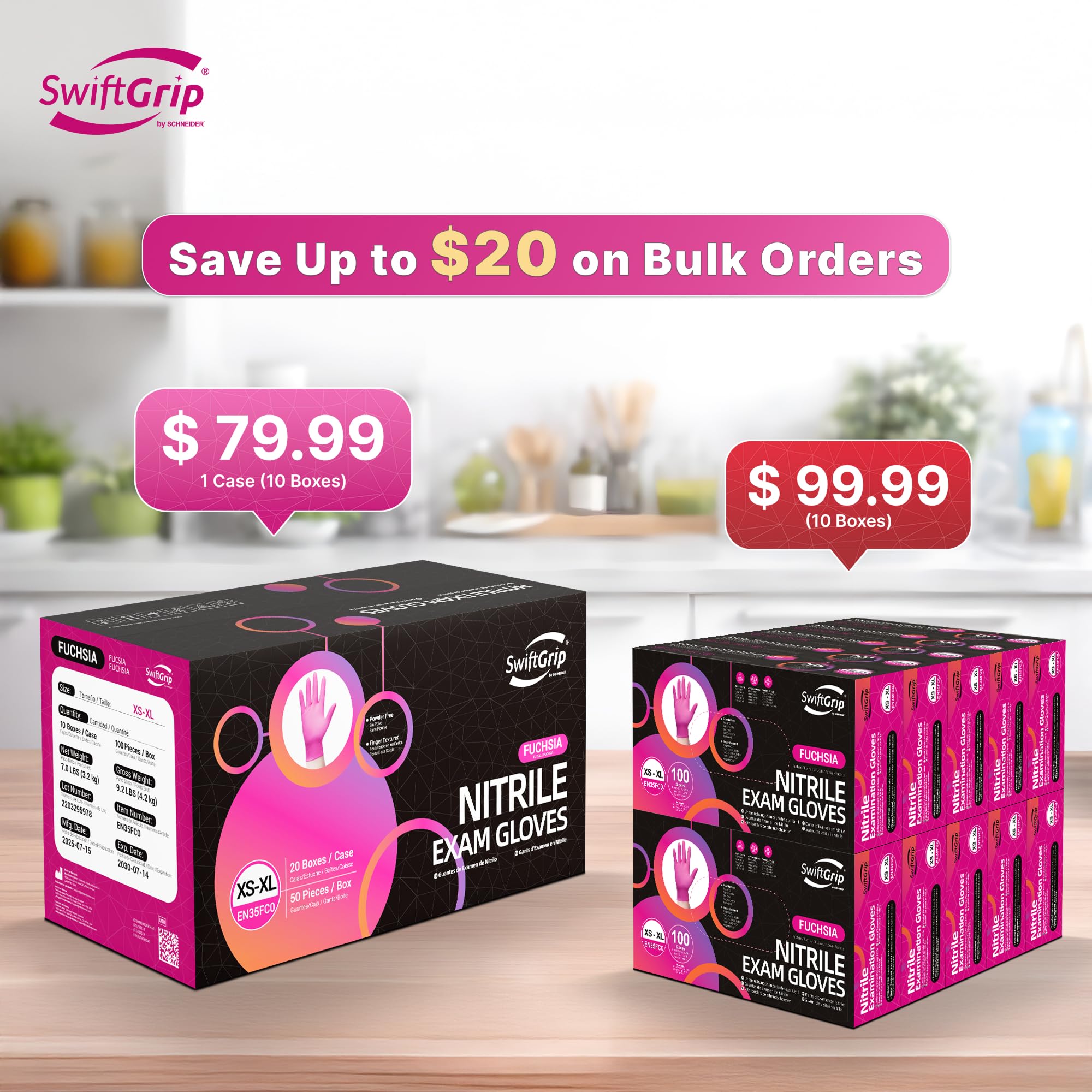 SwiftGrip Powder-Free Nitrile Gloves, 3-mil, Disposable Nitrile Gloves, Latex-Free, Powder-Free - Pink/Fuchsia