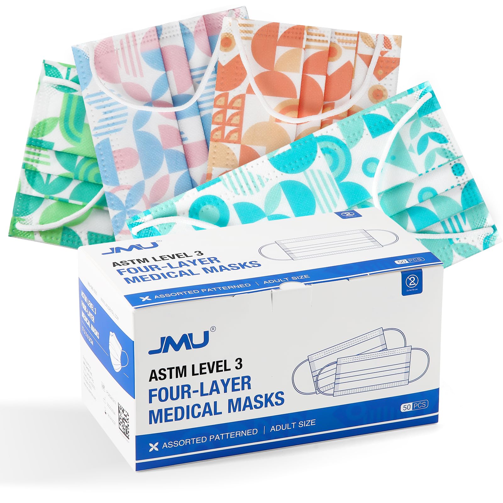 JMU Level 3 Disposable Face Mask 4-Ply for Adult, Medical Grade, ≥98% Filtration, Breathable & Comfortable, 50 Pack