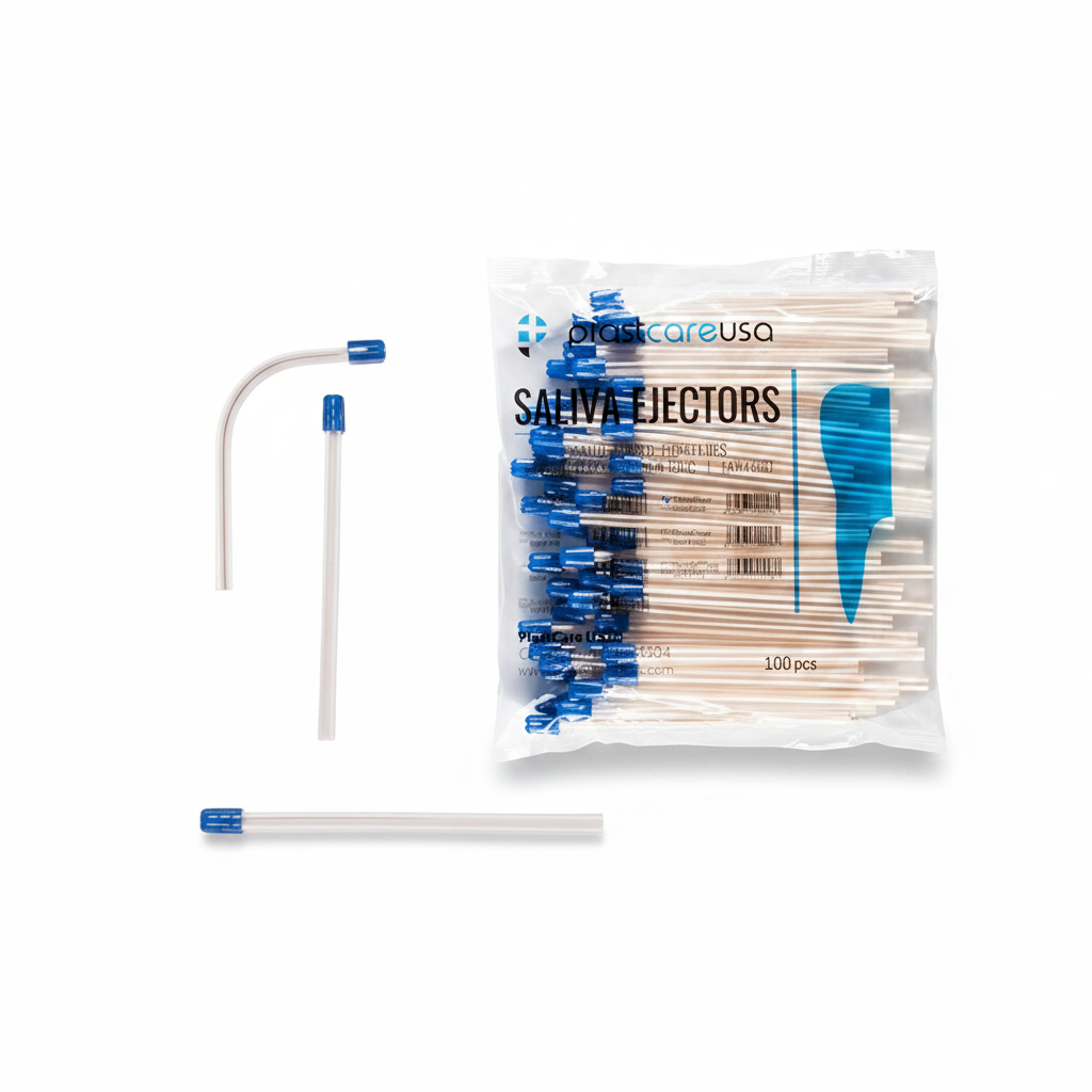 Pack of disposable blue and white dental saliva ejectors